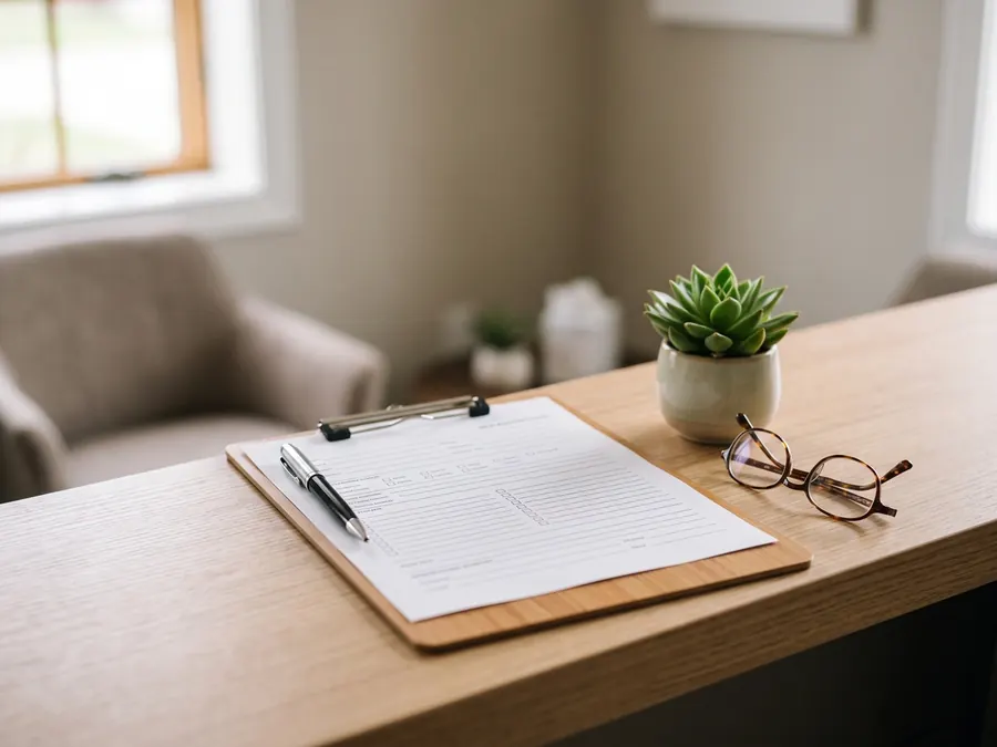 A clipboard with a blank patient form and a pen on a wooden desk.