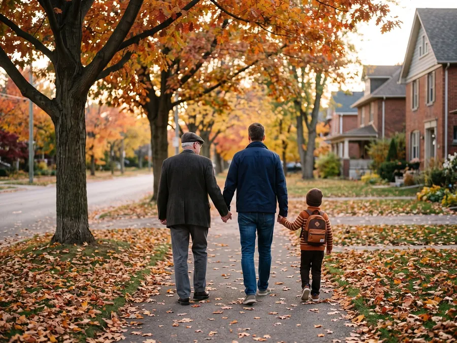 Three generations of a family walking hand in hand down an autumn street.