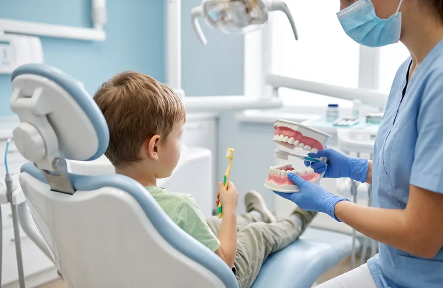 A young child in a dental chair holding a toothbrush while a hygienist shows brushing on a model.
