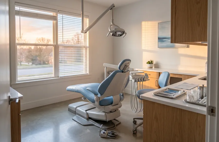 Low sunlight across an empty dental treatment room.
