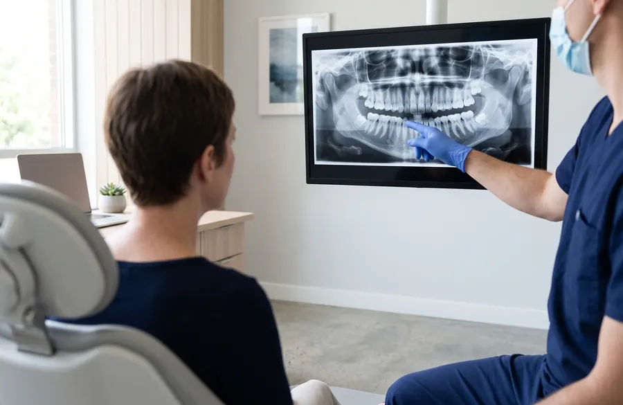 A dentist going over a dental x-ray on a screen with a seated patient.